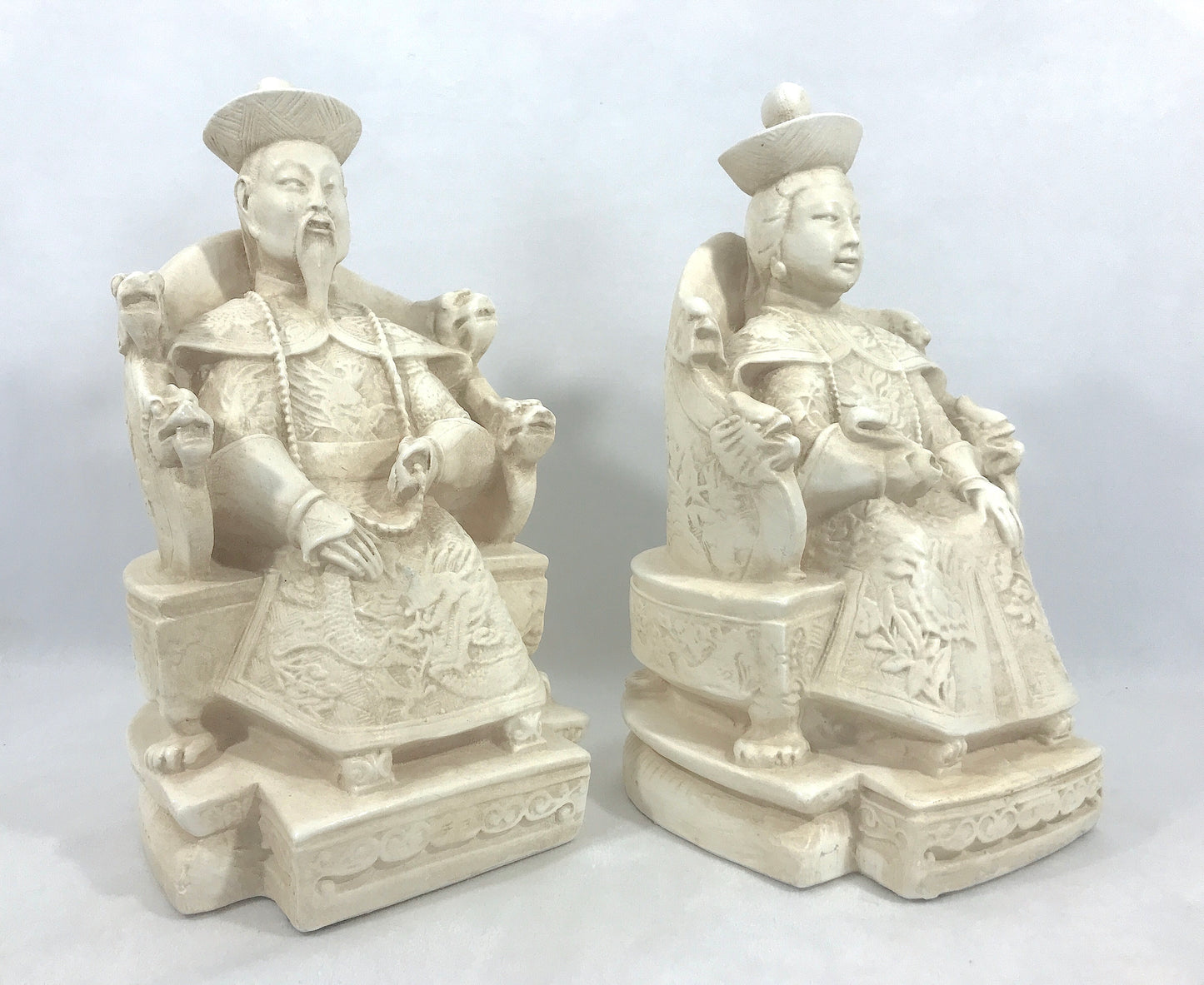 Mid Century Chinese Chalk Ware Empress and Emperor Figures (Bookends) on Dragon Thrones, a Pair