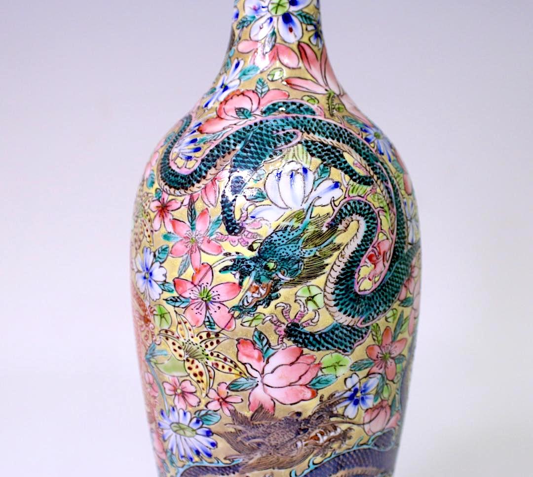 Five Clawed Imperial Dragons Chinese Vase, "Eggshell Porcelain" Vase, Millefiore Flowers & Gilt Work, Boxed