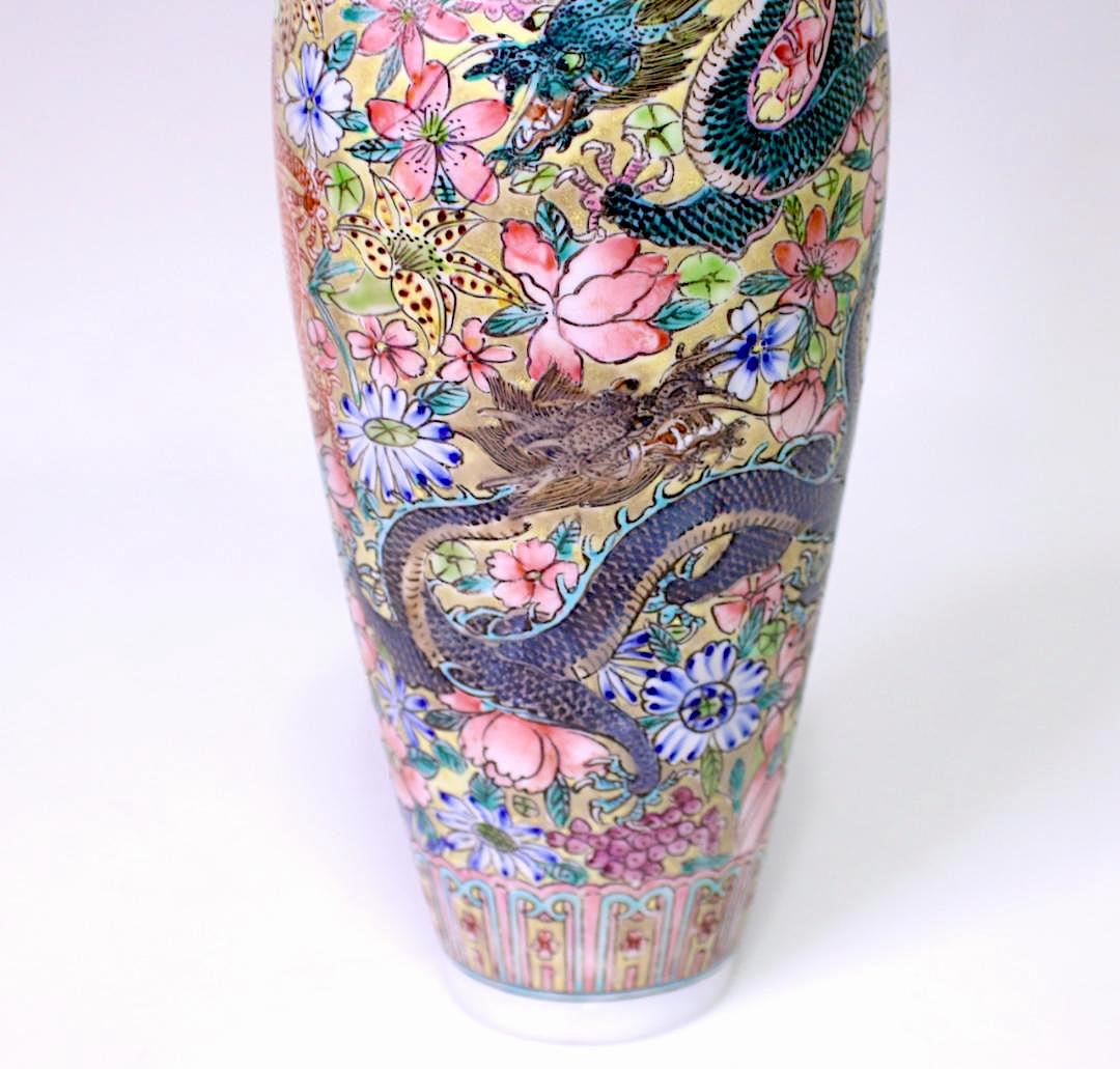 Five Clawed Imperial Dragons Chinese Vase, "Eggshell Porcelain" Vase, Millefiore Flowers & Gilt Work, Boxed