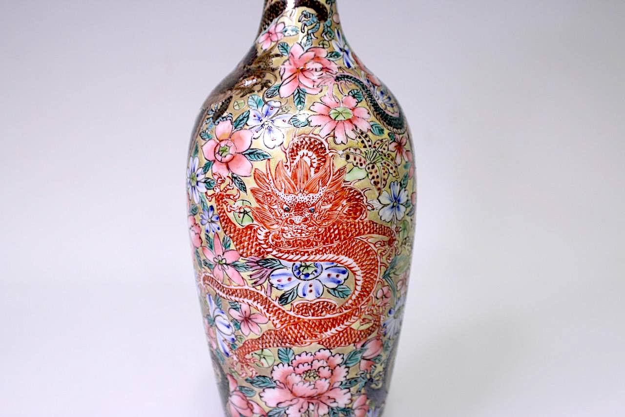 Five Clawed Imperial Dragons Chinese Vase, "Eggshell Porcelain" Vase, Millefiore Flowers & Gilt Work, Boxed