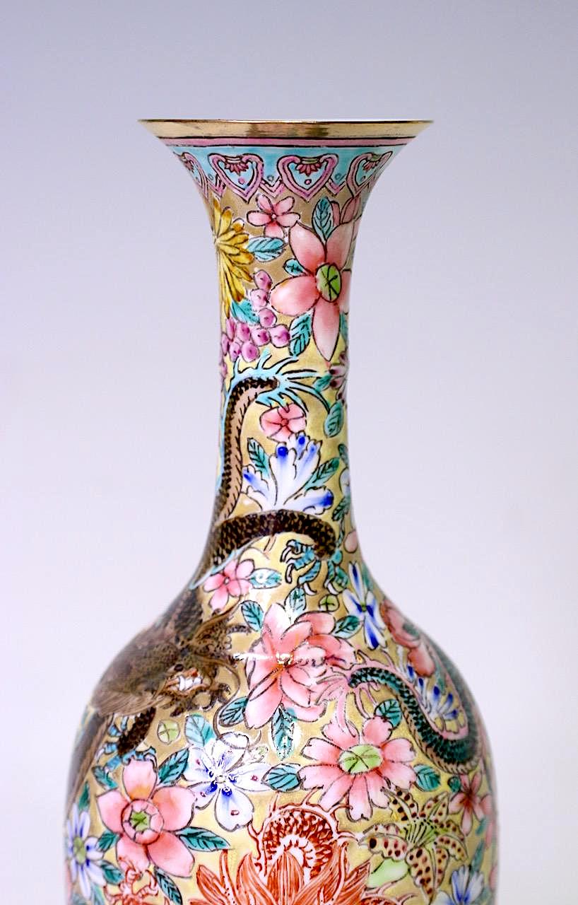 Five Clawed Imperial Dragons Chinese Vase, "Eggshell Porcelain" Vase, Millefiore Flowers & Gilt Work, Boxed