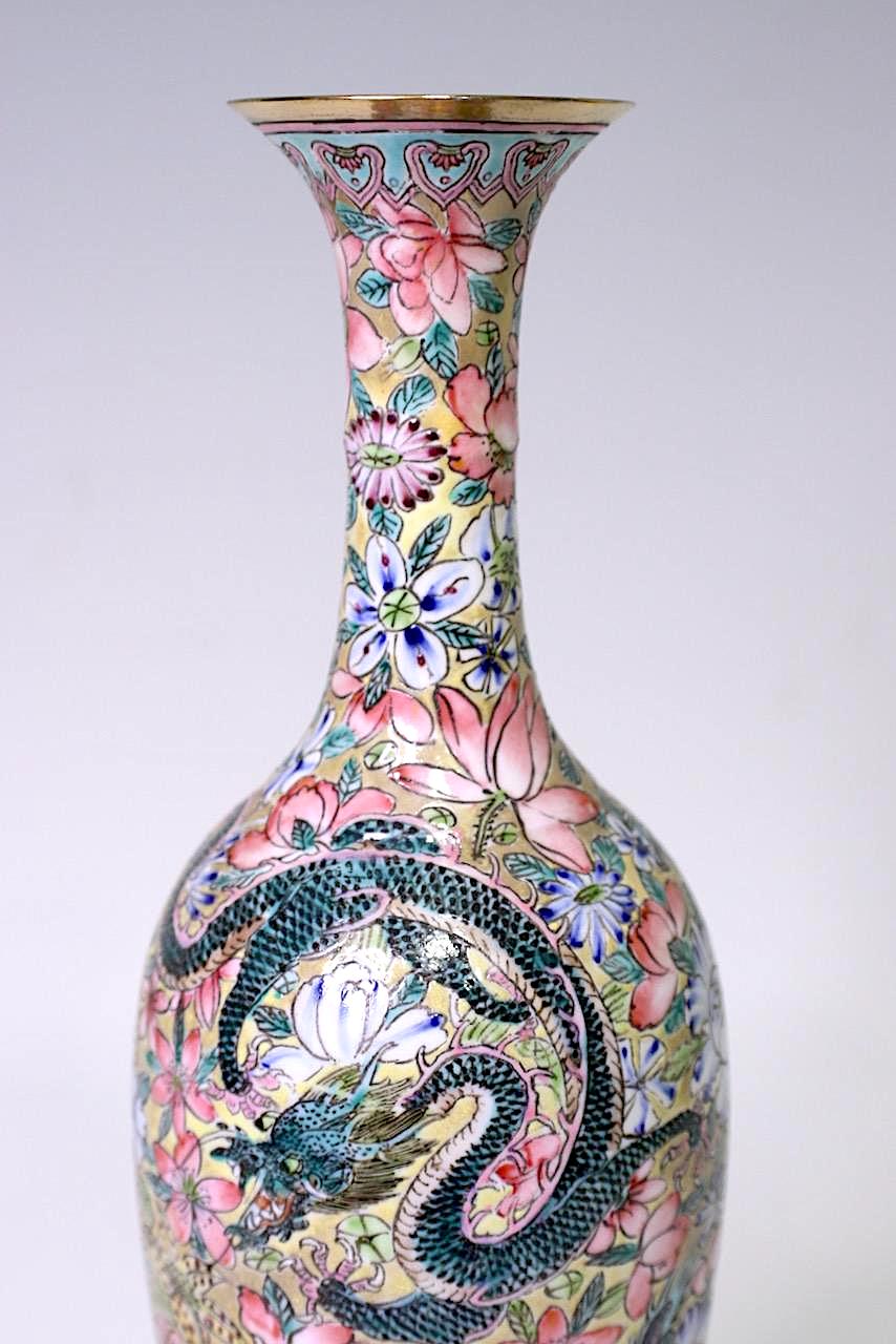 Five Clawed Imperial Dragons Chinese Vase, "Eggshell Porcelain" Vase, Millefiore Flowers & Gilt Work, Boxed