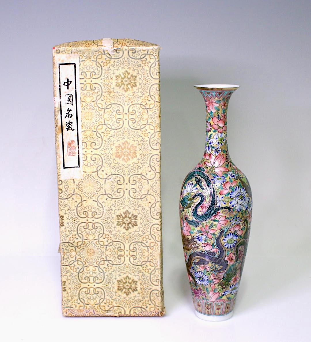 Five Clawed Imperial Dragons Chinese Vase, "Eggshell Porcelain" Vase, Millefiore Flowers & Gilt Work, Boxed