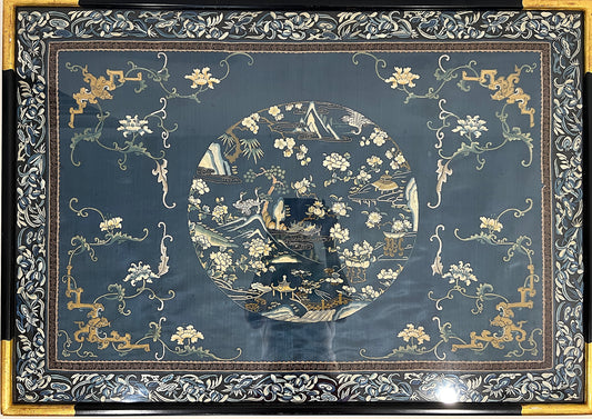 Antique Chinese Navy Blue Embroidered Silk Panel Framed, Landscape, Flowers and Golden Bats