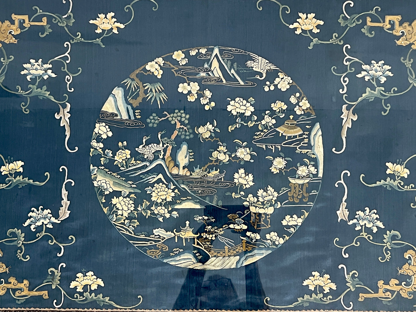 Antique Chinese Navy Blue Embroidered Silk Panel Framed, Landscape, Flowers and Golden Bats