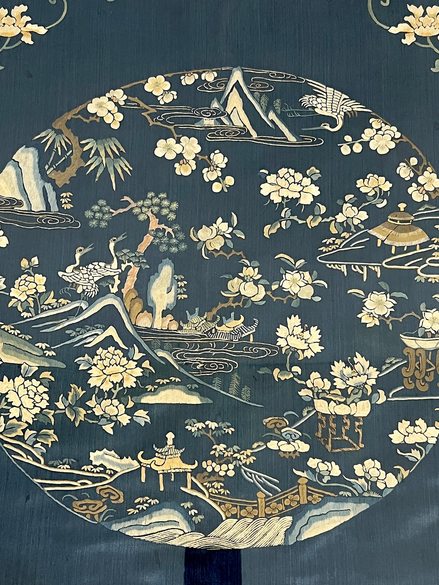 Antique Chinese Navy Blue Embroidered Silk Panel Framed, Landscape, Flowers and Golden Bats