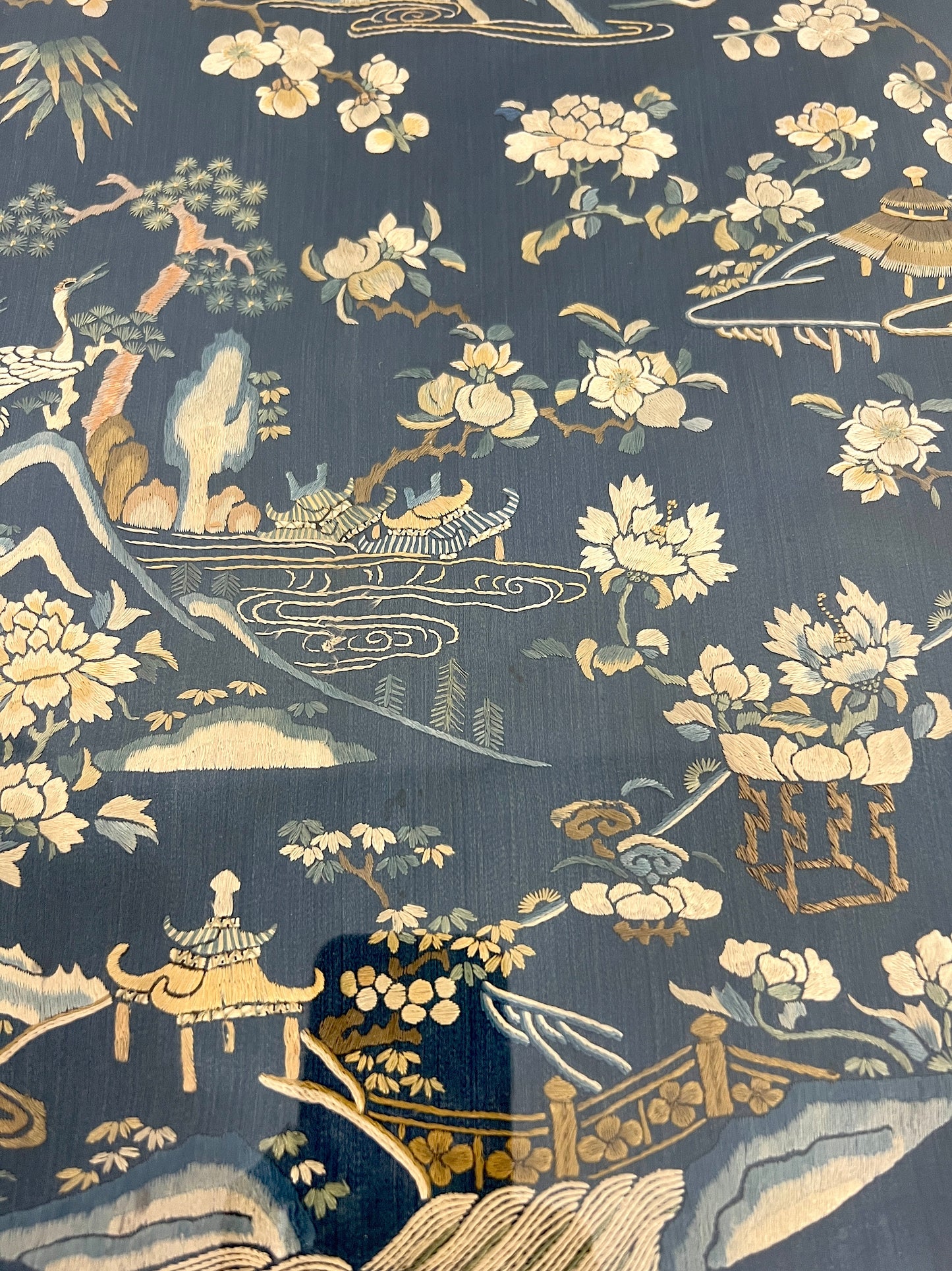 Antique Chinese Navy Blue Embroidered Silk Panel Framed, Landscape, Flowers and Golden Bats