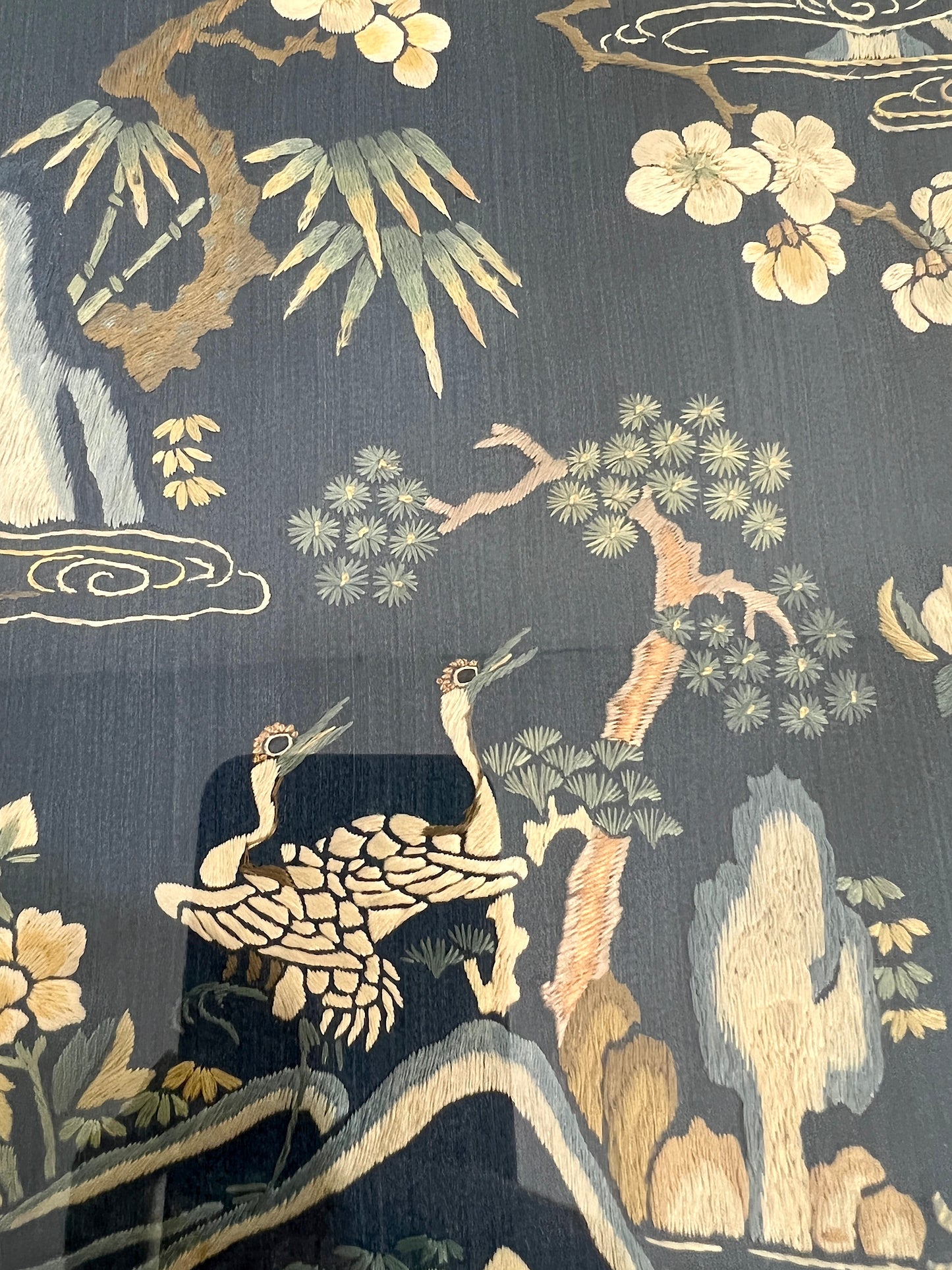 Antique Chinese Navy Blue Embroidered Silk Panel Framed, Landscape, Flowers and Golden Bats