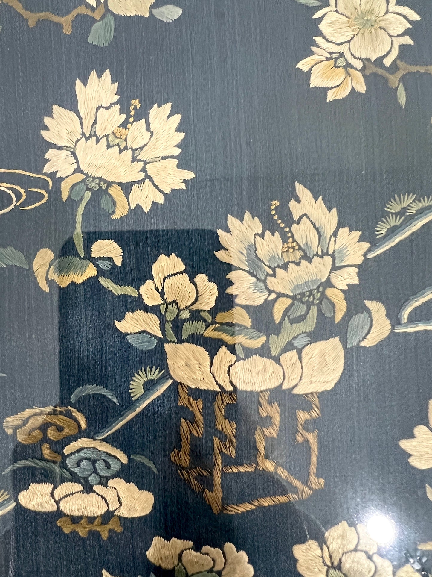 Antique Chinese Navy Blue Embroidered Silk Panel Framed, Landscape, Flowers and Golden Bats