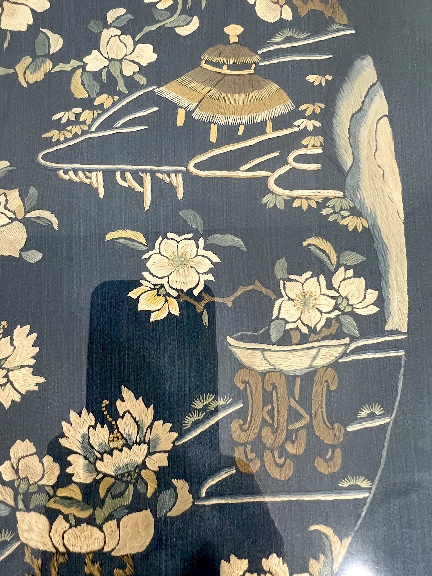 Antique Chinese Navy Blue Embroidered Silk Panel Framed, Landscape, Flowers and Golden Bats