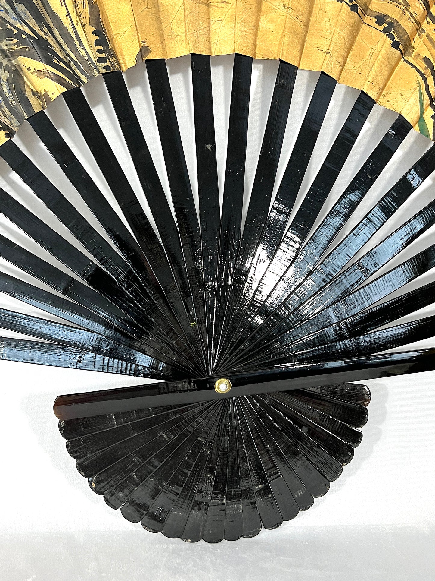 Massive Vintage Gold & Black Lacquer Oriental / Chinese Wall Fan With Phoenix Birds and Chrysanthemums