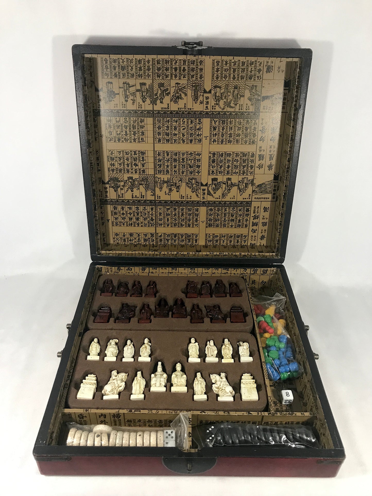 Vintage Games Compendium, Backgammon, Chess, Two Chinese Games in Golden Dragon & Phoenix Hand Painted Red Box