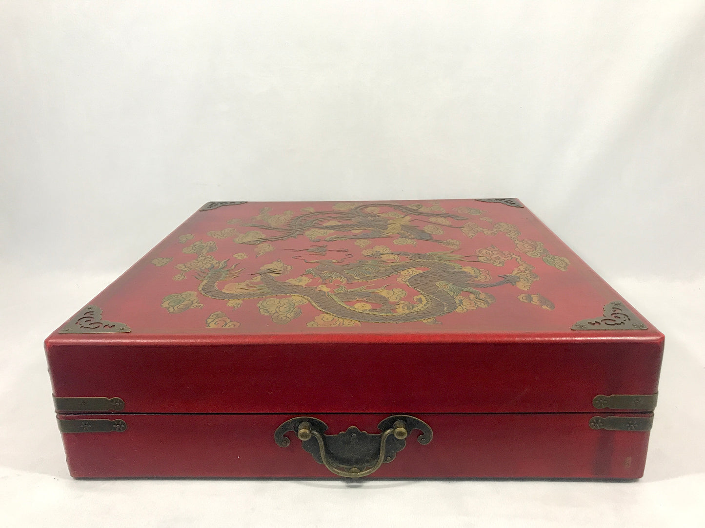 Vintage Games Compendium, Backgammon, Chess, Two Chinese Games in Golden Dragon & Phoenix Hand Painted Red Box