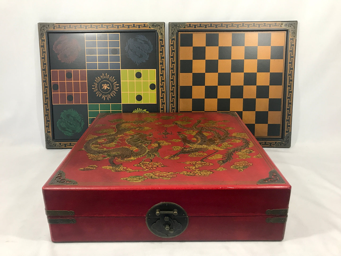 Vintage Games Compendium, Backgammon, Chess, Two Chinese Games in Golden Dragon & Phoenix Hand Painted Red Box