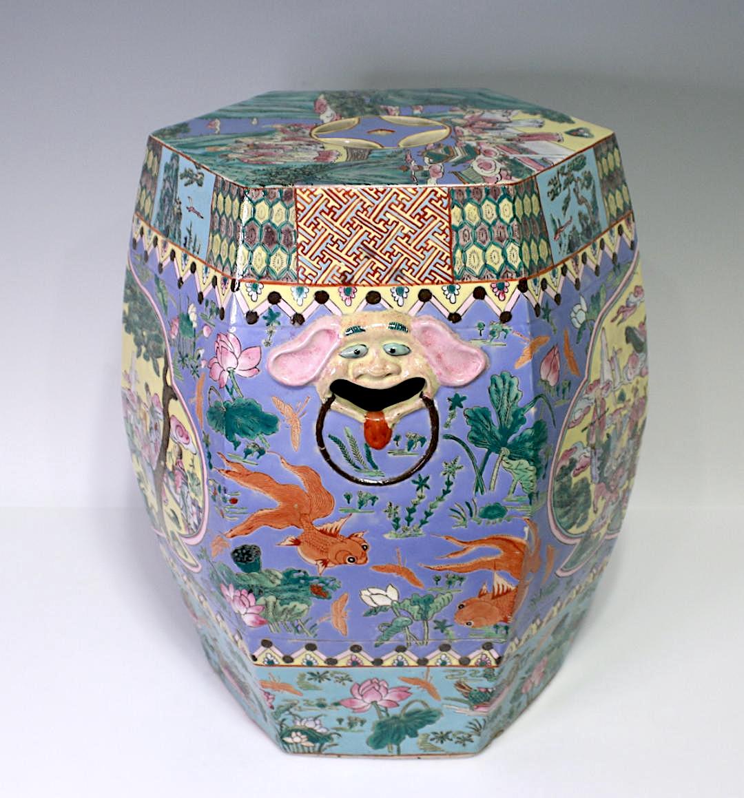 Rare Antique Qing Dynasty Chinese Porcelain Blue and Yellow Garden Drum Stool With Epic Scenes of Immortals