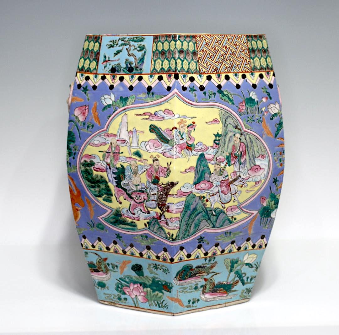 Rare Antique Qing Dynasty Chinese Porcelain Blue and Yellow Garden Drum Stool With Epic Scenes of Immortals