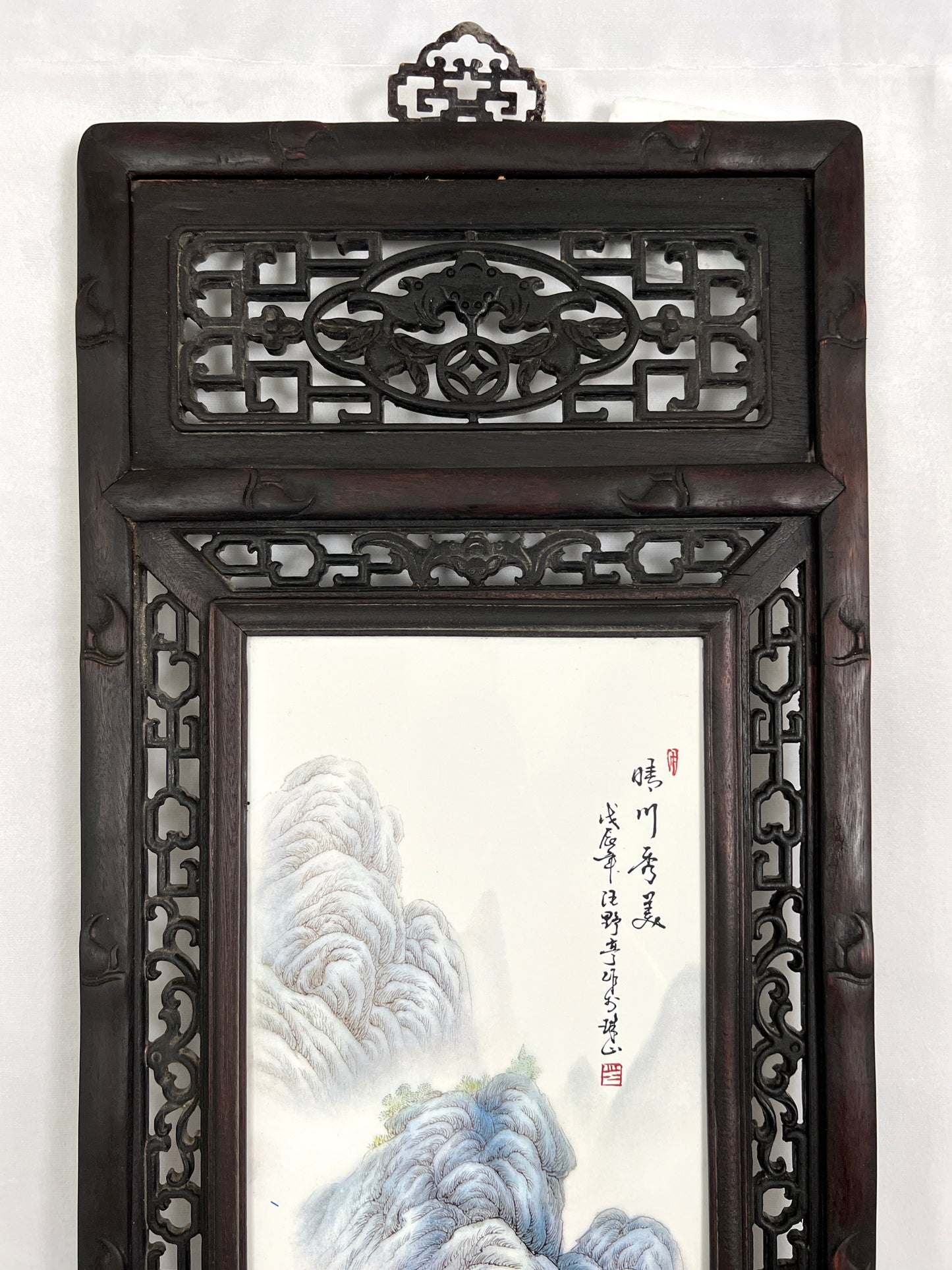 Chinese Carved Blackwood Wall Plaque Panel With Hand Painted Mountain Landscape on Porcelain (Shan Soi) , Signed