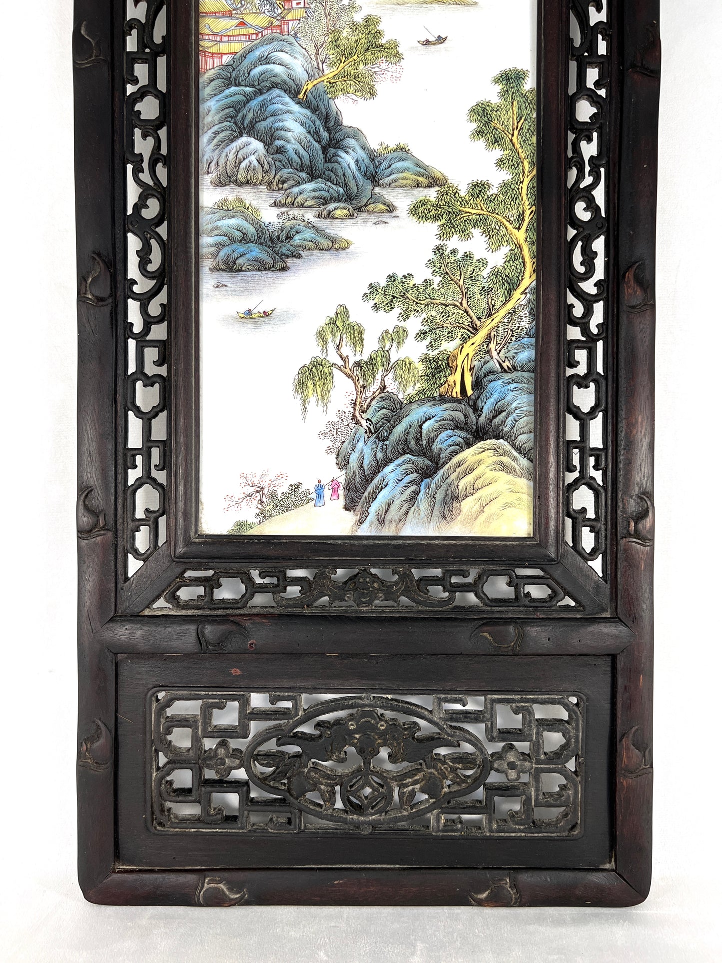 Chinese Carved Blackwood Wall Plaque Panel With Hand Painted Mountain Landscape on Porcelain (Shan Soi) , Signed