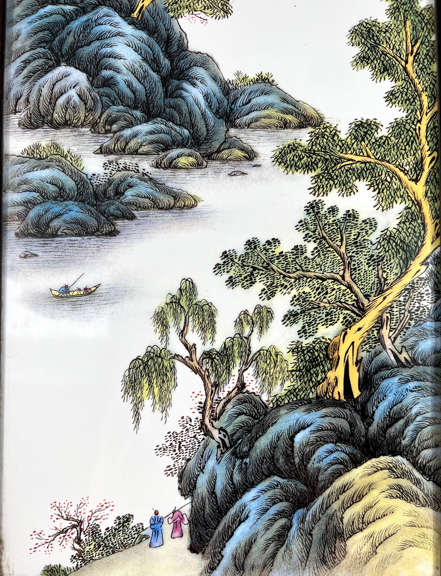 Chinese Carved Blackwood Wall Plaque Panel With Hand Painted Mountain Landscape on Porcelain (Shan Soi) , Signed