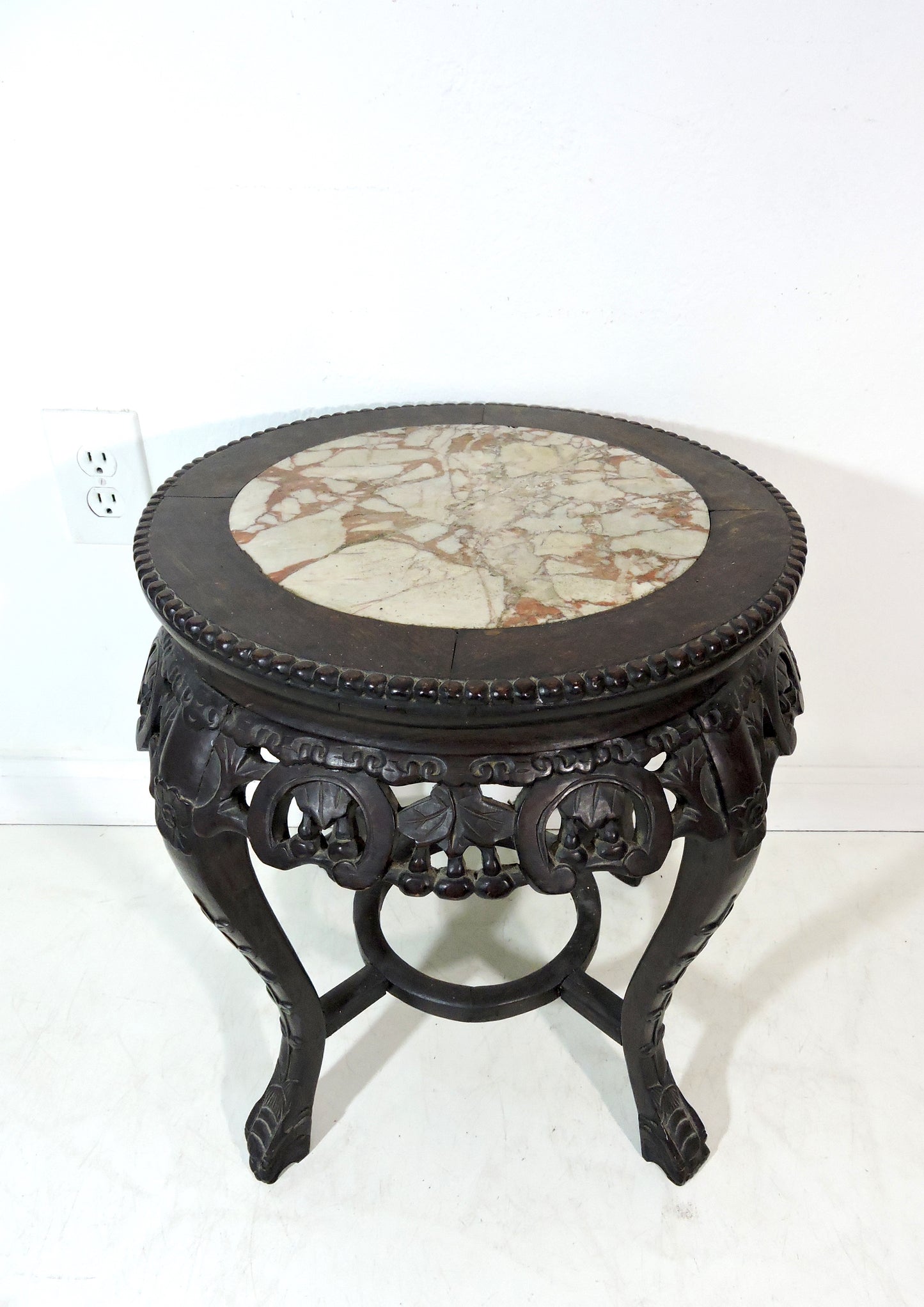 Antique Chinese Rosewood and Marble 'Horseshoe' Plant Display Stand/Pedestal, Side Table, or Stool