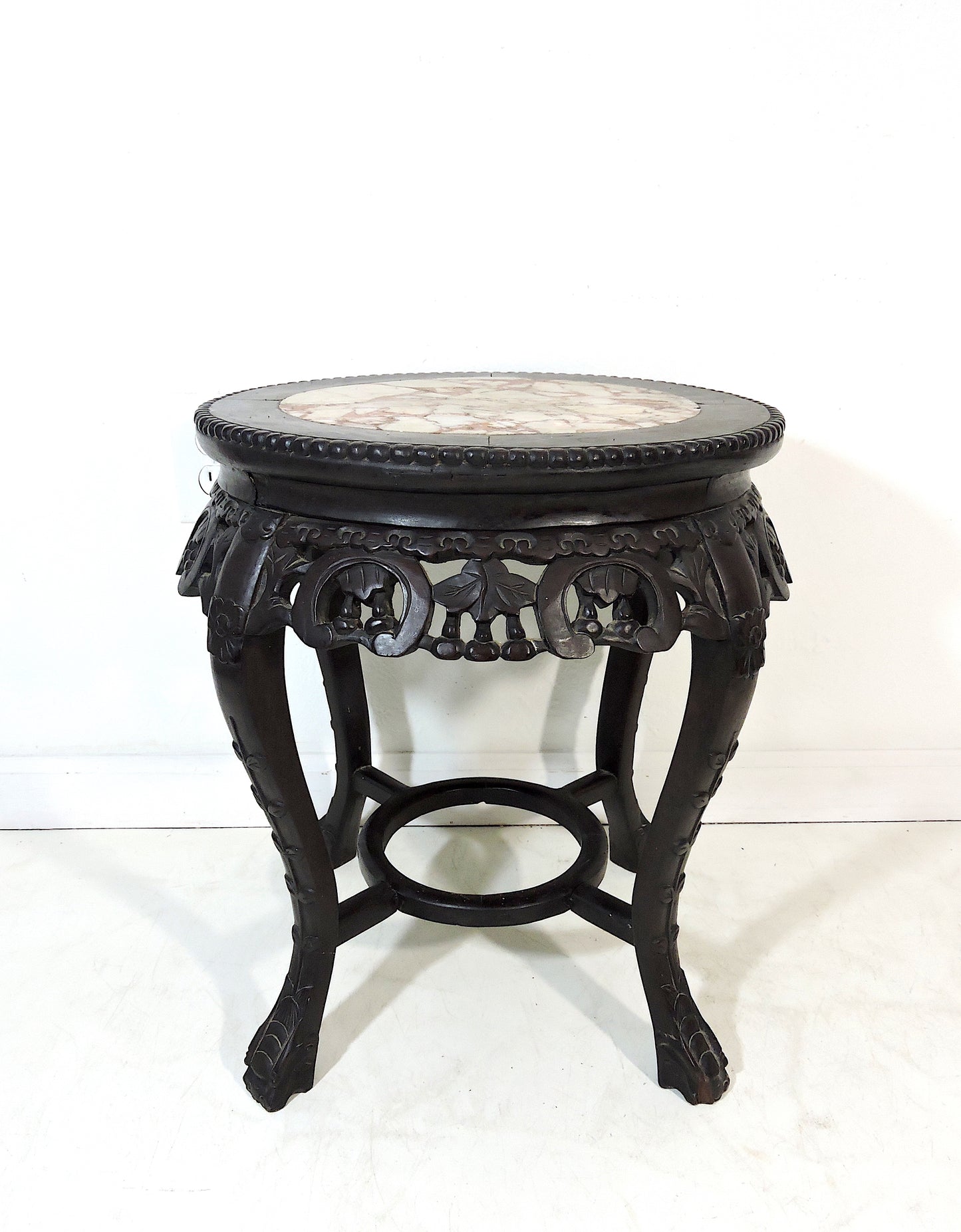 Antique Chinese Rosewood and Marble 'Horseshoe' Plant Display Stand/Pedestal, Side Table, or Stool