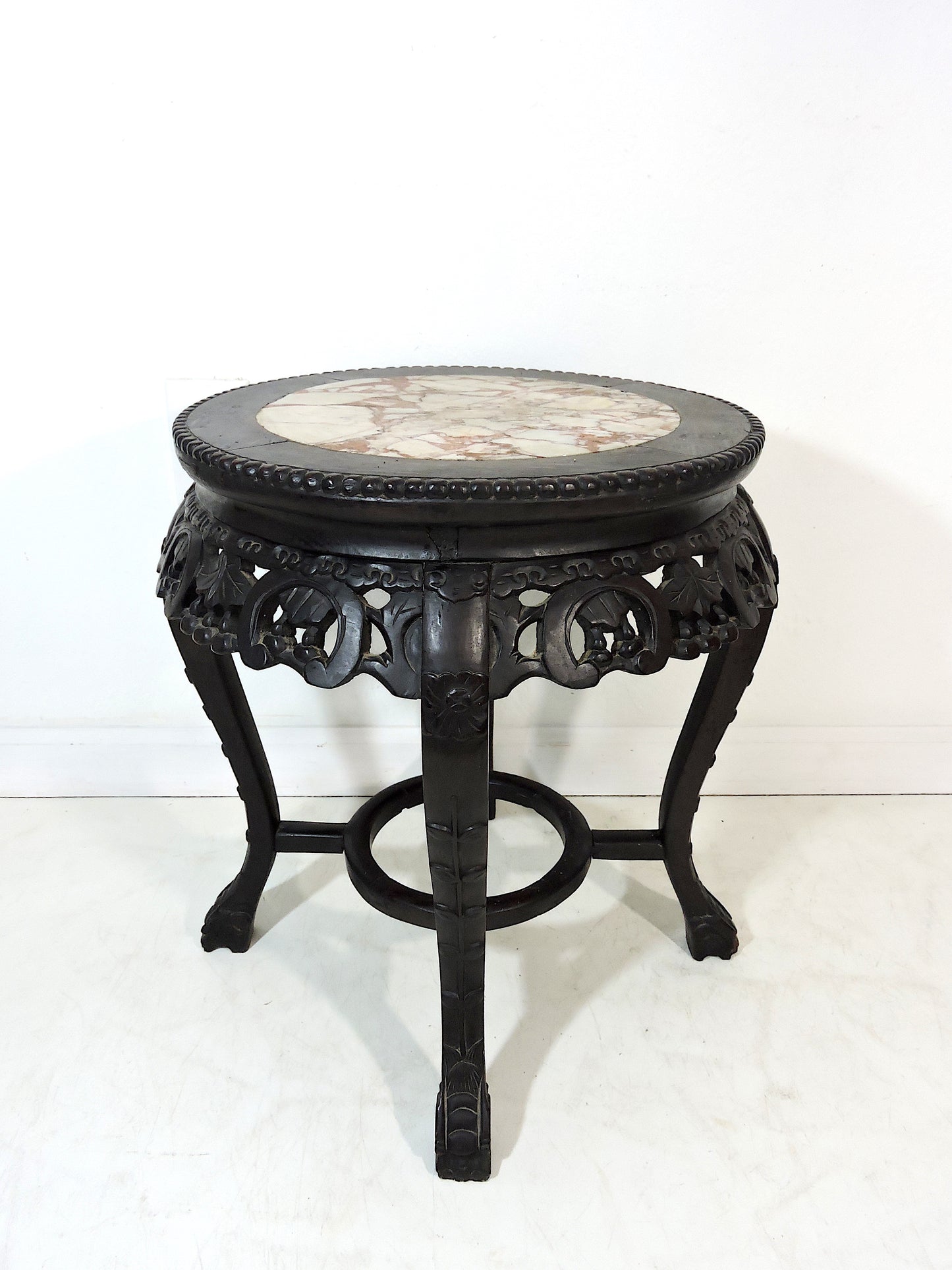 Antique Chinese Rosewood and Marble 'Horseshoe' Plant Display Stand/Pedestal, Side Table, or Stool