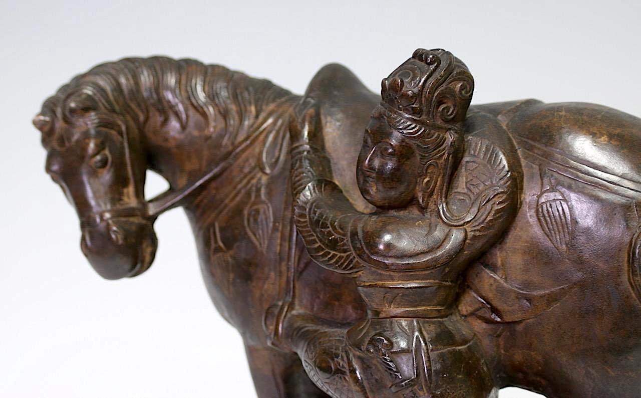 Large Antique Chinese Carved Stone Sculpture of a T'ang Warrior Mounting a Horse 19th. Century