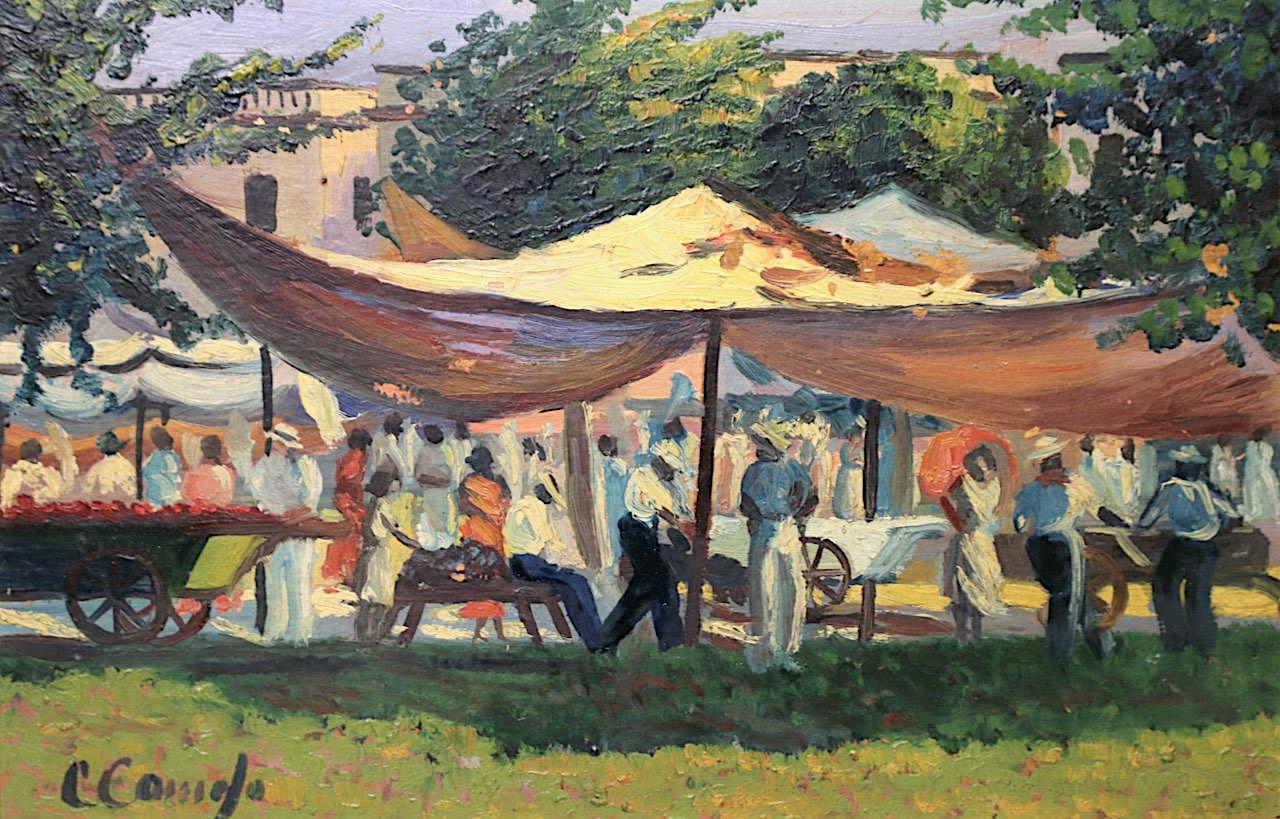 The Cuban Market, Original Oil on Board Outdoor by Crescencio Camejo (Cuban/American, 1899-1980)