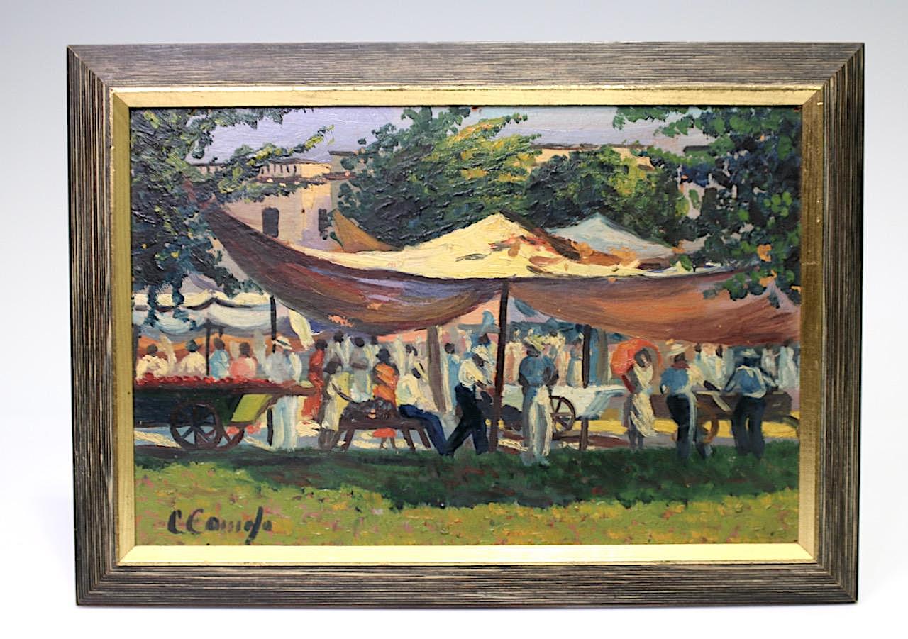 The Cuban Market, Original Oil on Board Outdoor by Crescencio Camejo (Cuban/American, 1899-1980)