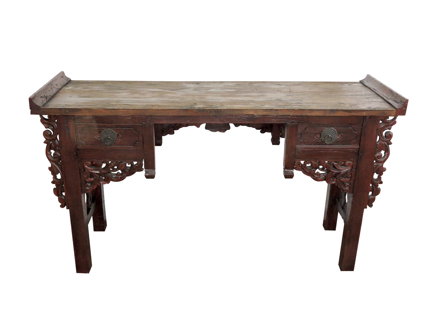 Mid 20th. Century Chinese Brick Red & Black Altar Table or Console With 2 Drawers