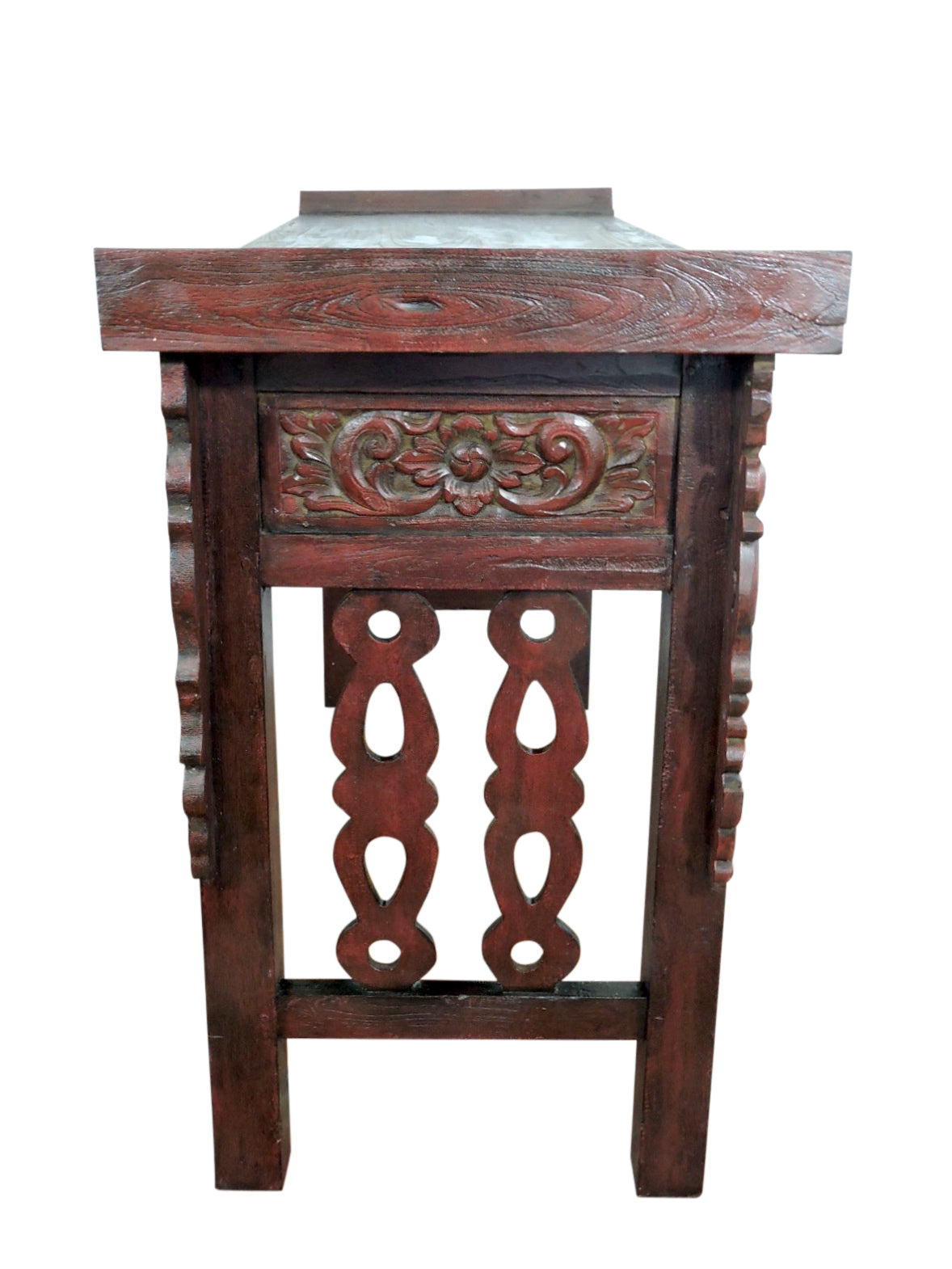 Mid 20th. Century Chinese Brick Red & Black Altar Table or Console With 2 Drawers