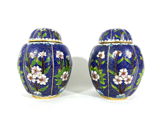 Vintage Chinese Blue Cloisonné Ribbed Ginger Jars With Pink & White Flowers - a Pair