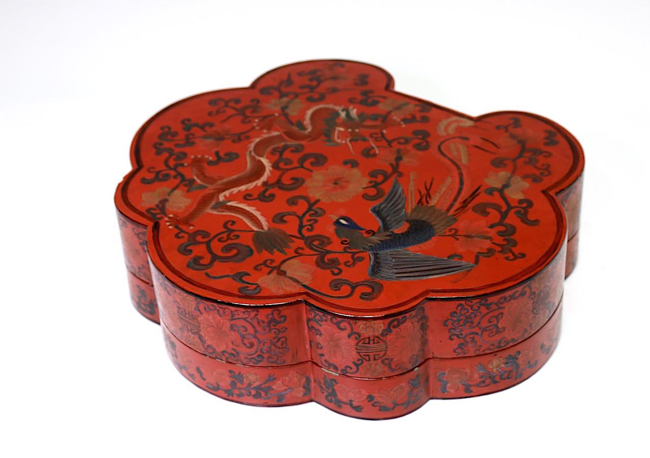 Large Antique Chinese Red Lacquer Lobed Box With Dragons & Phoenix