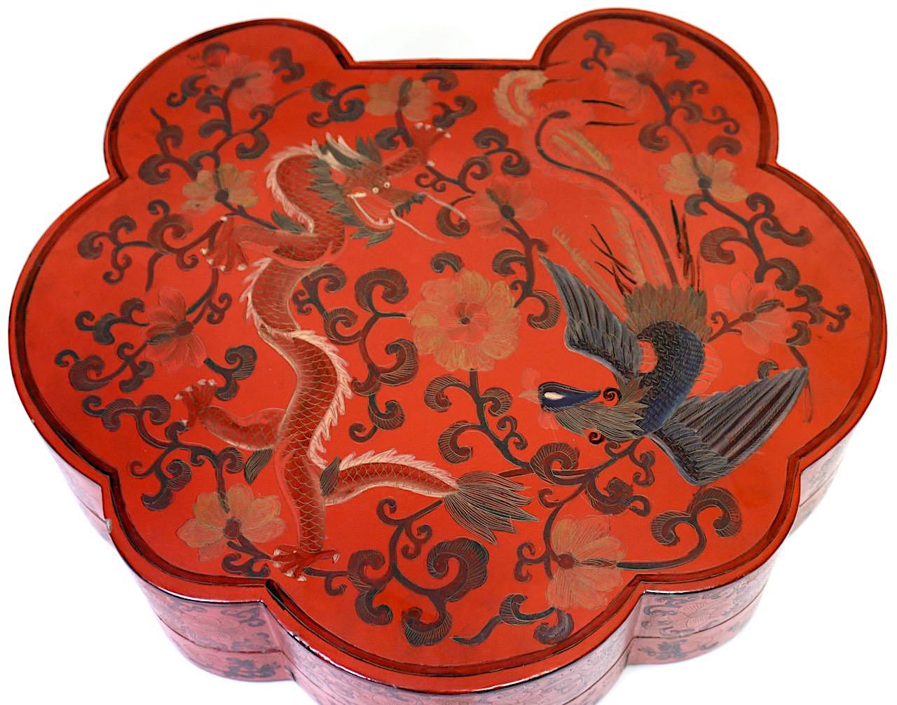 Large Antique Chinese Red Lacquer Lobed Box With Dragons & Phoenix