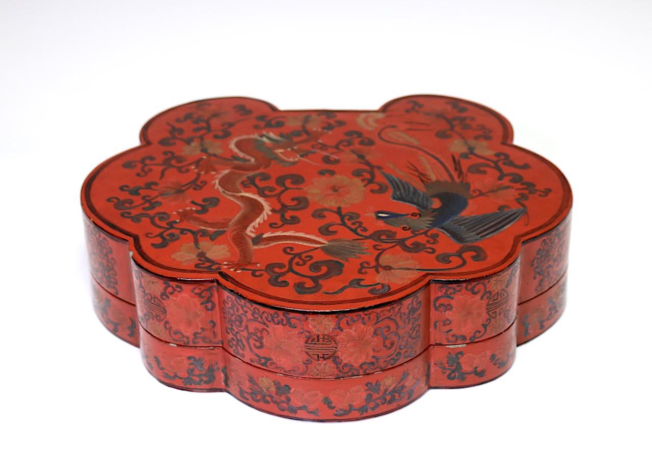 Large Antique Chinese Red Lacquer Lobed Box With Dragons & Phoenix