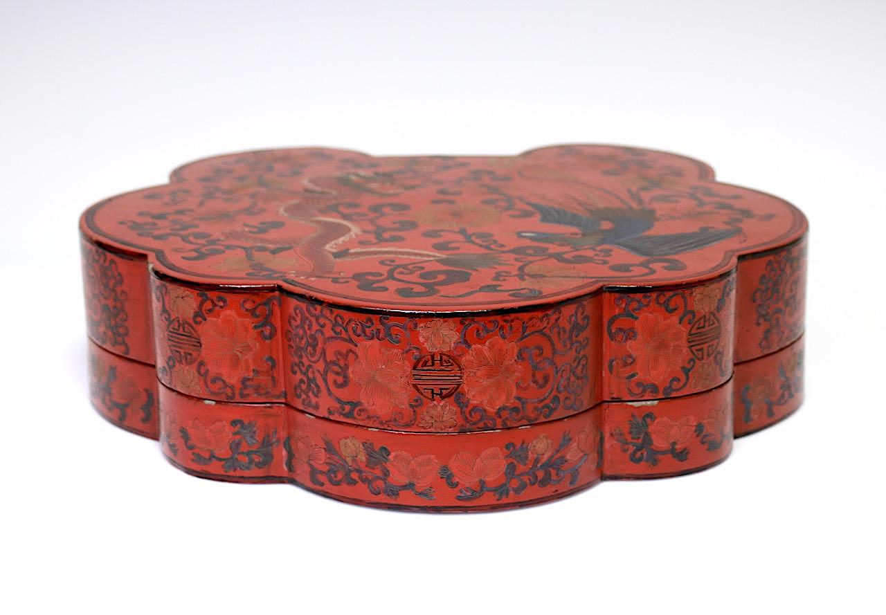 Large Antique Chinese Red Lacquer Lobed Box With Dragons & Phoenix