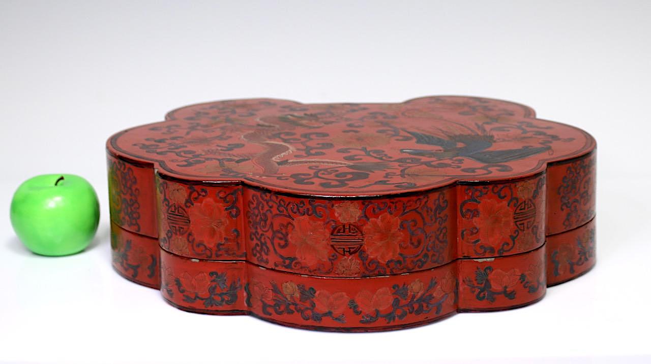 Large Antique Chinese Red Lacquer Lobed Box With Dragons & Phoenix