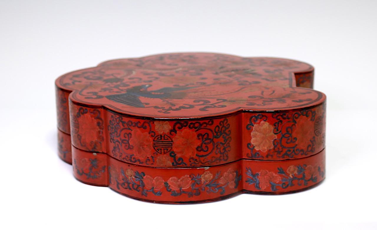 Large Antique Chinese Red Lacquer Lobed Box With Dragons & Phoenix