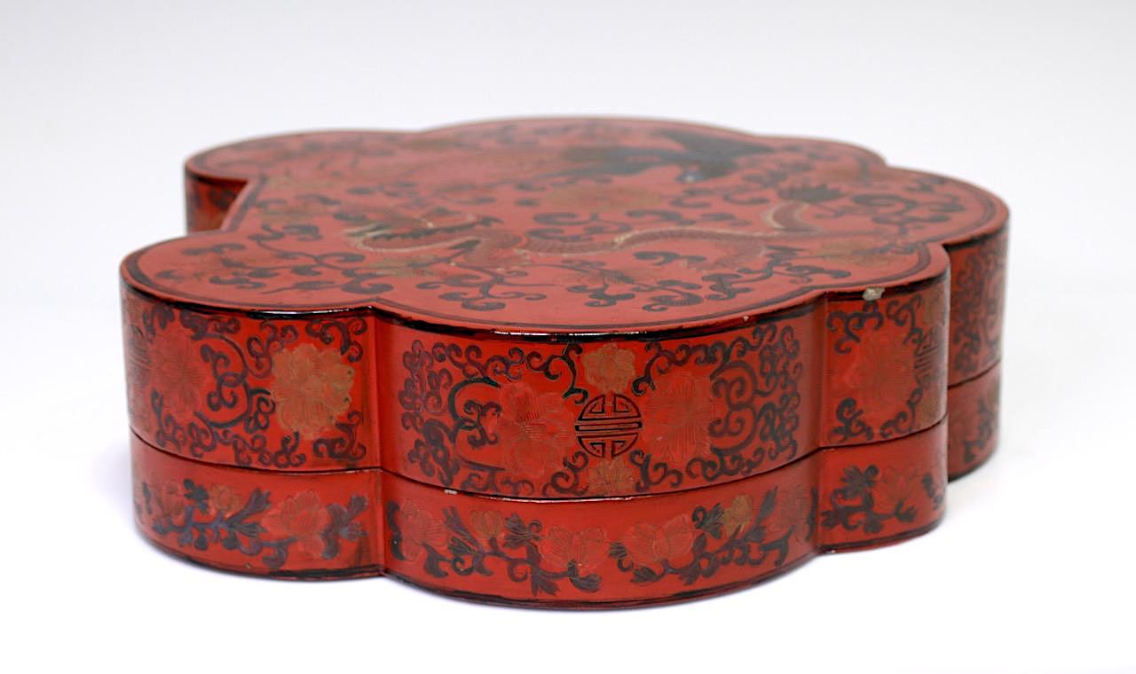 Large Antique Chinese Red Lacquer Lobed Box With Dragons & Phoenix