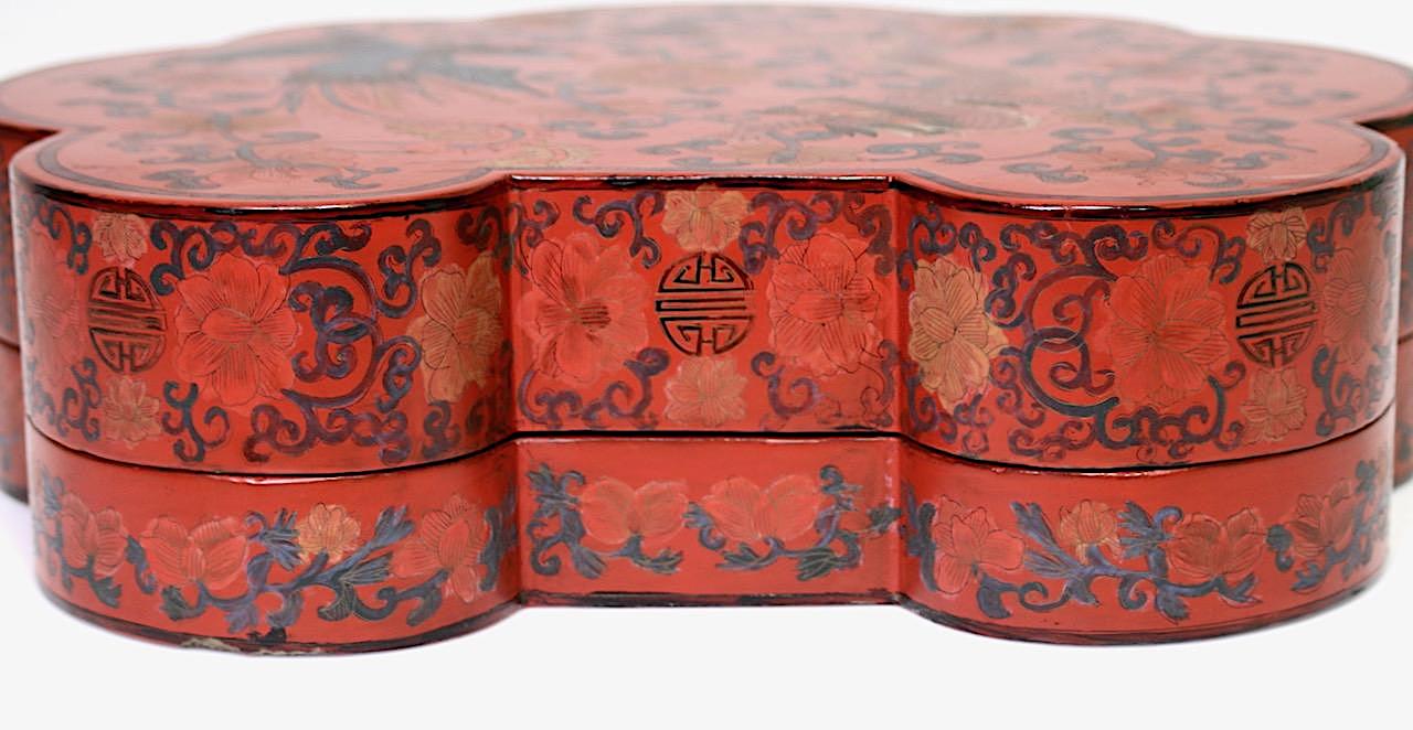 Large Antique Chinese Red Lacquer Lobed Box With Dragons & Phoenix