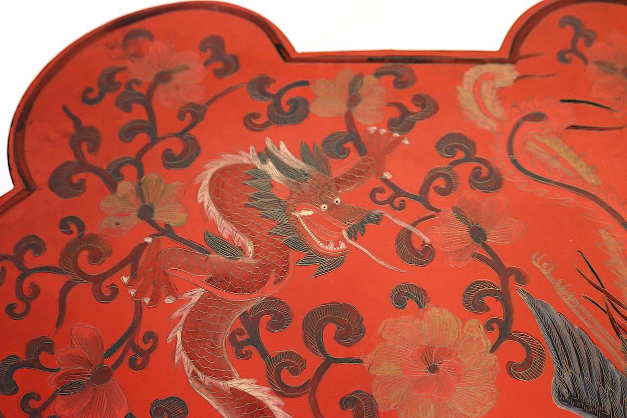 Large Antique Chinese Red Lacquer Lobed Box With Dragons & Phoenix