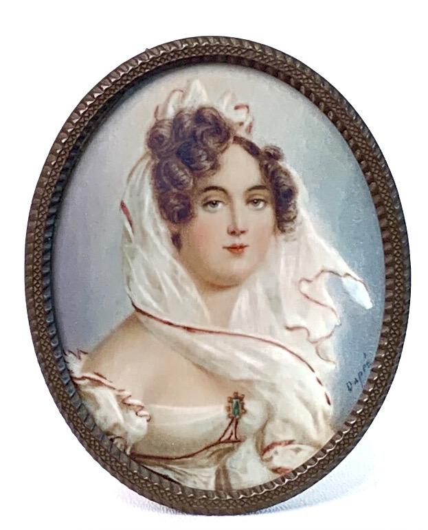 Napoleon III Antique Miniature Portrait Painting of a Lady signed Jules Dupre, French