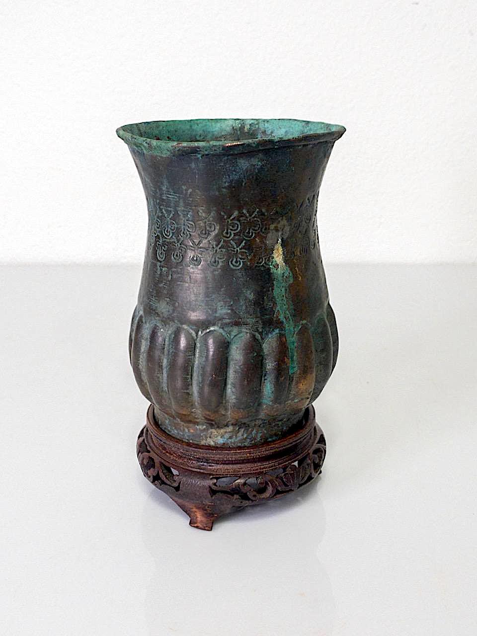 Antique Egyptian Hammered Copper Verdigris Vase on Wood Stand