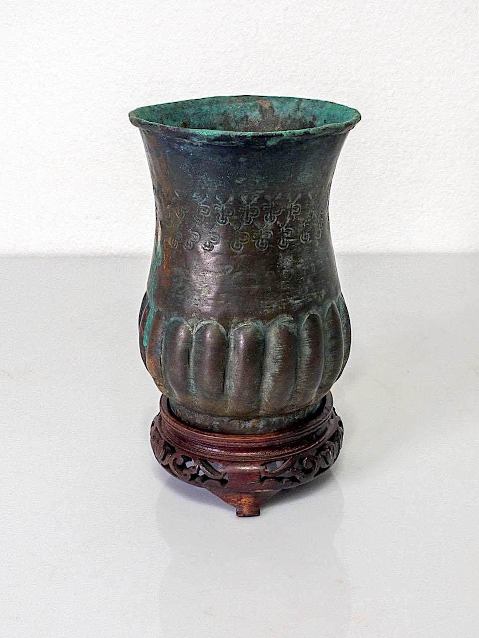 Antique Egyptian Hammered Copper Verdigris Vase on Wood Stand