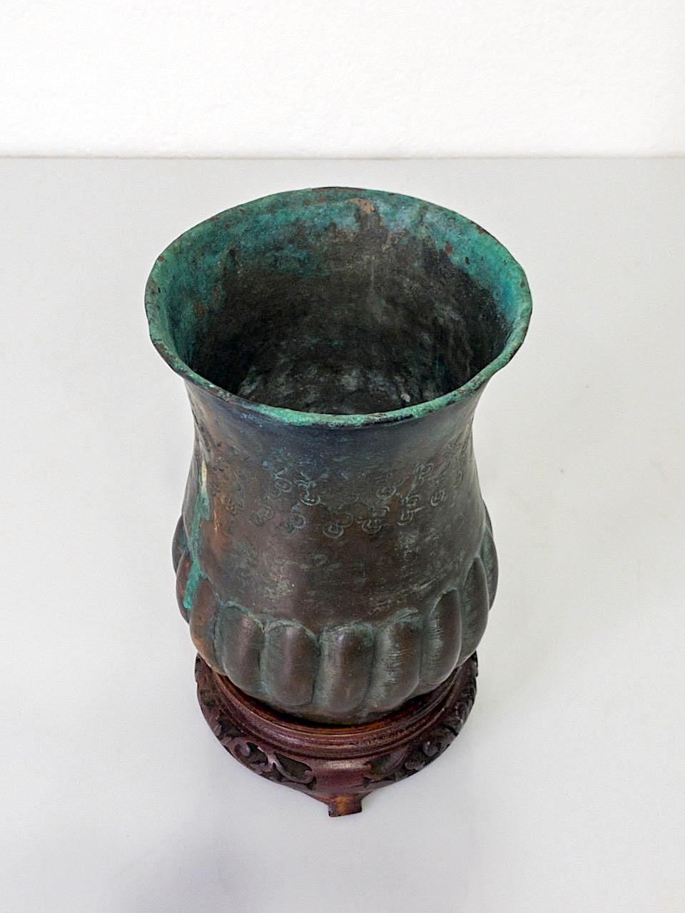 Antique Egyptian Hammered Copper Verdigris Vase on Wood Stand