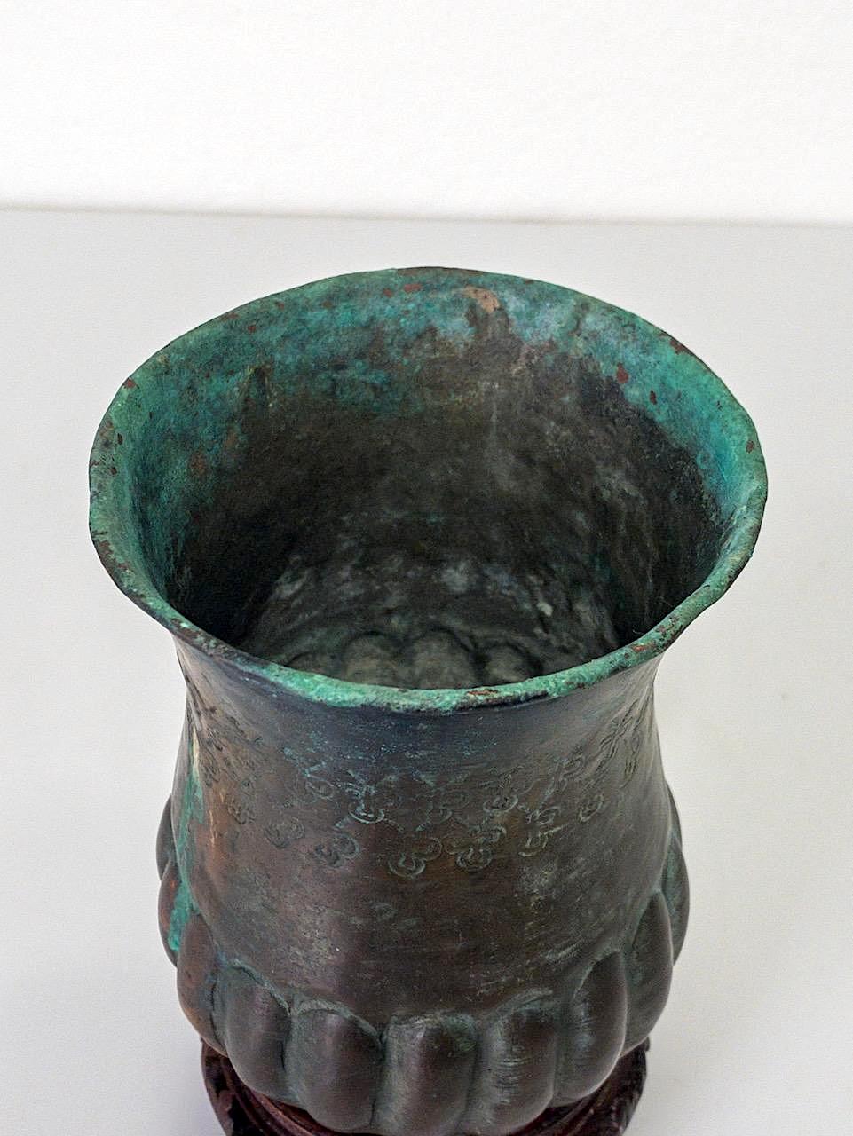 Antique Egyptian Hammered Copper Verdigris Vase on Wood Stand