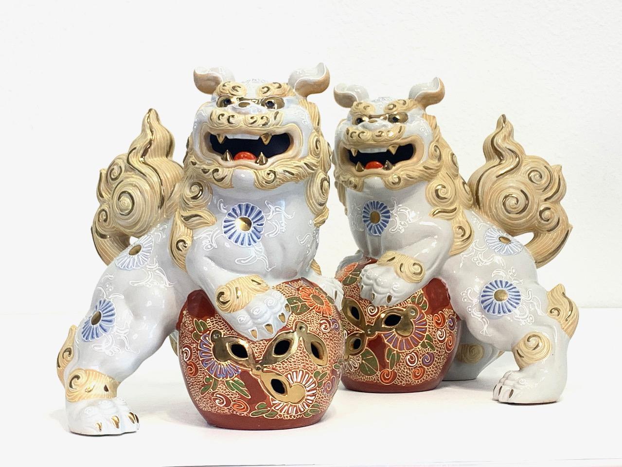 Japanese White & Gilt Porcelain Satsuma Male Foo Lions (Shishi Fu Dogs) - a Pair