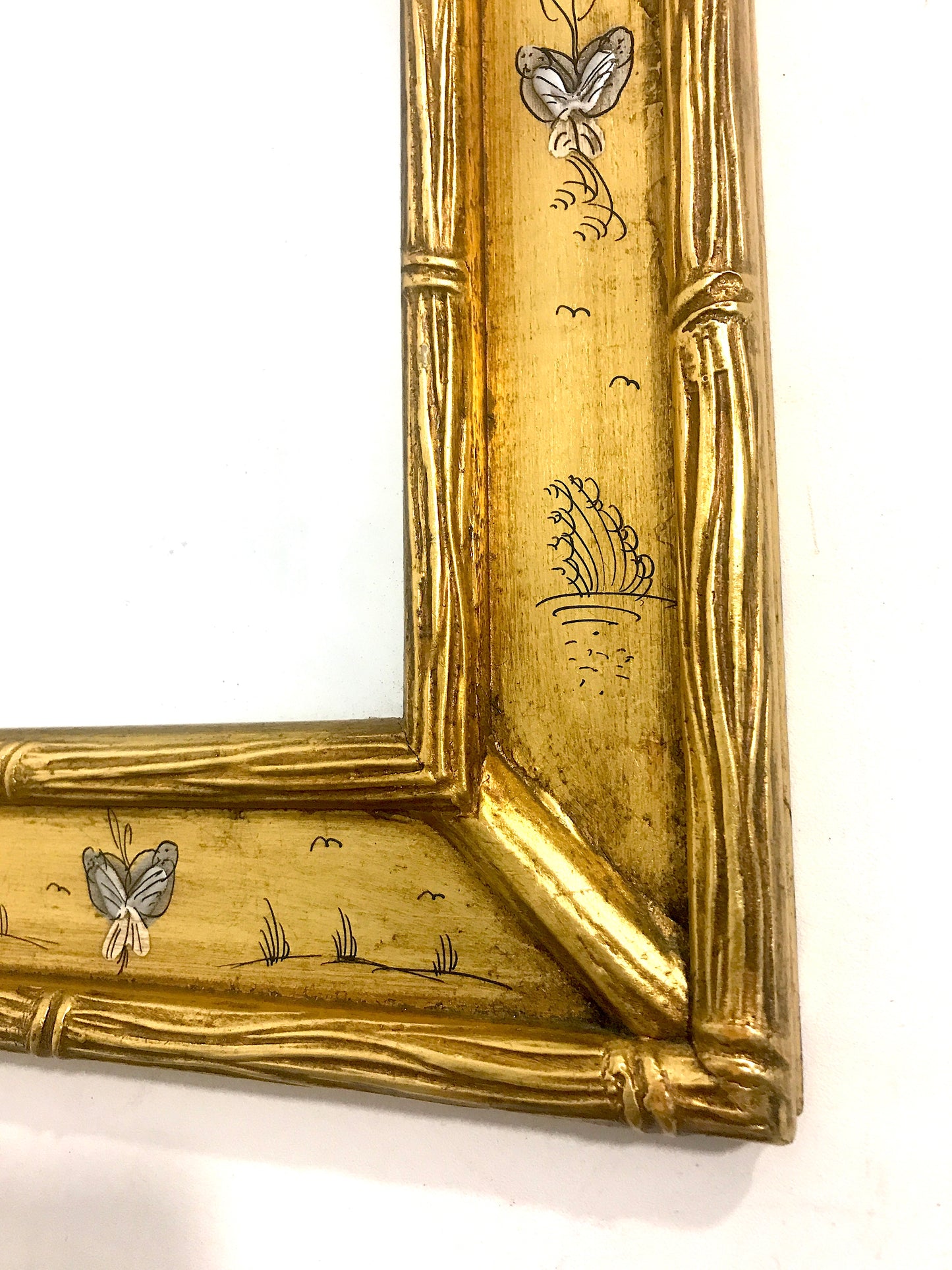 Vintage Chinoiserie Rectangular Faux Bamboo Gold Gilt Wall Mirror With Minature Hand Painted Chinoiserie Landscape Scenes