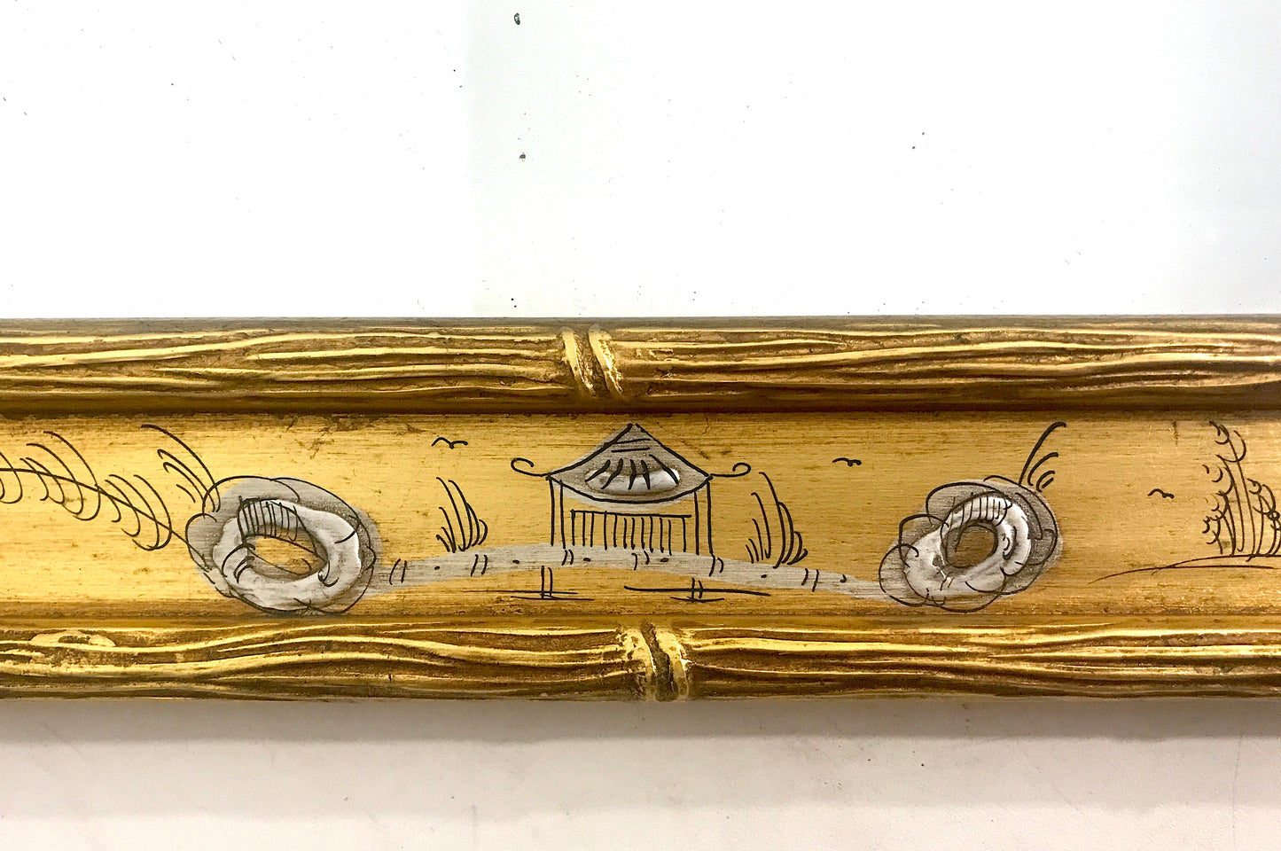 Vintage Chinoiserie Rectangular Faux Bamboo Gold Gilt Wall Mirror With Minature Hand Painted Chinoiserie Landscape Scenes