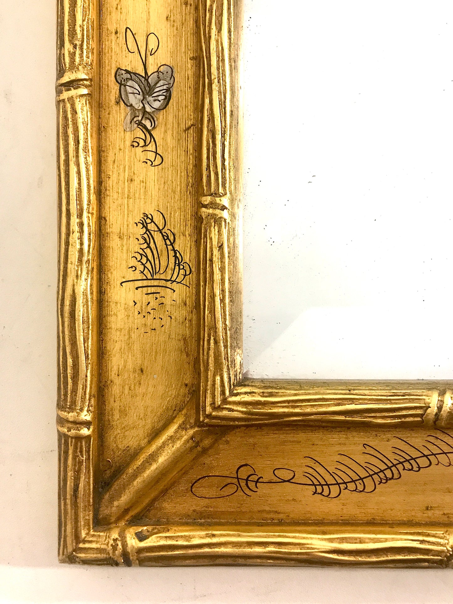 Vintage Chinoiserie Rectangular Faux Bamboo Gold Gilt Wall Mirror With Minature Hand Painted Chinoiserie Landscape Scenes